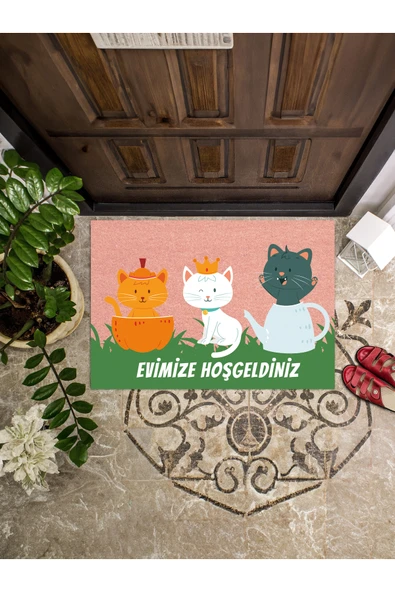 Evimize Hoşgeldiniz Kedi Figürlü Kapı Önü Paspası 45x65 ürün görseli 1
