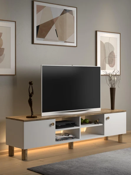 Nora Bohem Ledli Tv Ünitesi 150 Cm 2 Kapaklı 4 Raflı Dolaplı Atlantik Çam / Beyaz ürün görseli 1