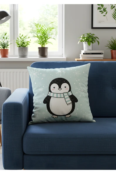 Penguen Tasarımlı Doğal Dijital Baskılı Kırlent ürün görseli 1