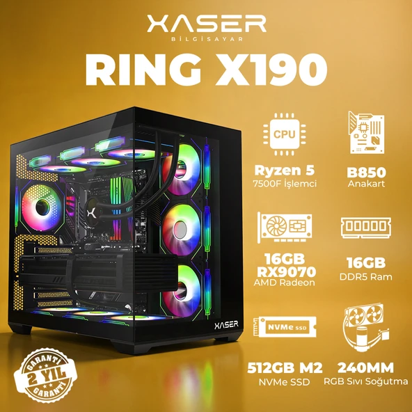 Xaser Ring X190 Ryzen 5 7500F 16GB DDR5 Ram 512GB M.2 NVMe SSD 16GB RX9070 Masaüstü Oyuncu Bilgisayarı ürün görseli 1