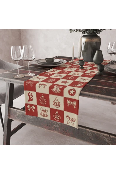 Kare Kırmızı Beyaz Christmas Yılbaşı Masa Runner'ı 40x150 ürün görseli 1