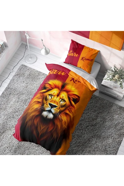 Sarı Kırmızı Aslan Desenli Nevresim Takımı (Çarşafsız) ürün görseli 1