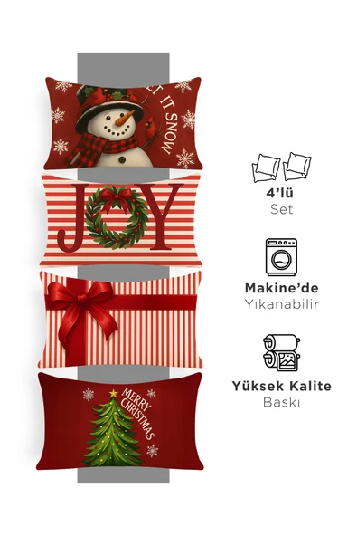 Kırmızı Konseptli Yılbaşı Christmas Yatay Kırlent Kılıfı 4'lü Set 50x30cm ürün görseli 1