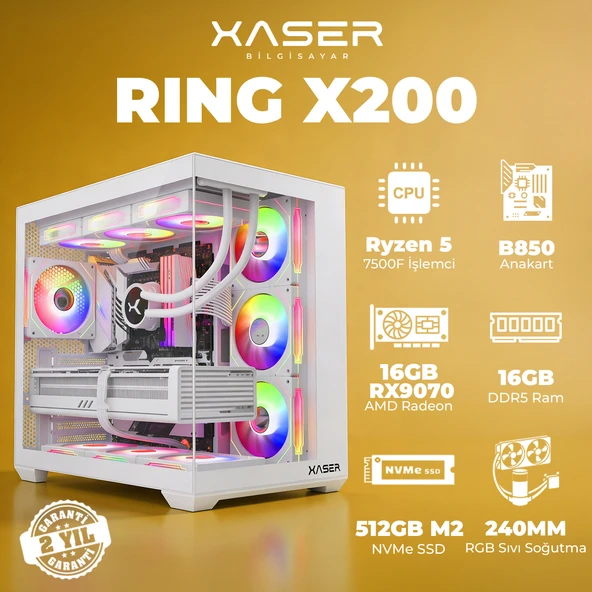 Xaser Ring X200 Ryzen 5 7500F 16GB DDR5 Ram 512GB M.2 NVMe SSD 16GB RX9070 Masaüstü Oyuncu Bilgisayarı ürün görseli 1