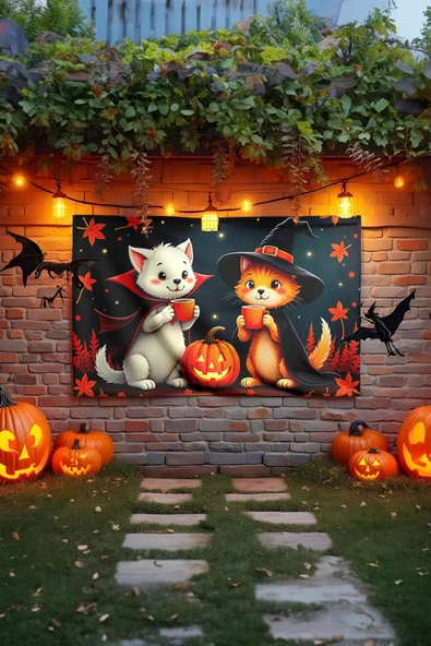 Kahve İçen Kedili Halloween Duvar Halısı ürün görseli 1