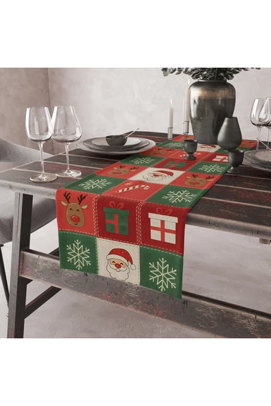 Kare Motifli Christmas Yılbaşı Masa Runner'ı 40x150 ürün görseli 1