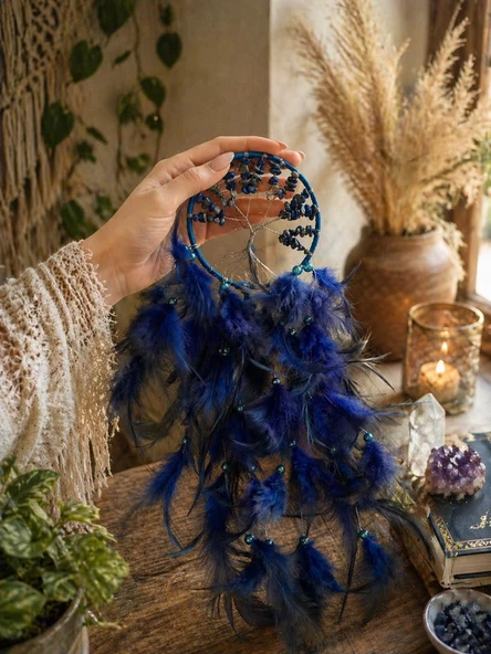 Düş Kapanı Doğal Taşlı Hayat Ağacı – Sodalit Taşlı Mavi Dreamcatcher Duvar Süsü Rüya Kapanı ürün görseli 1