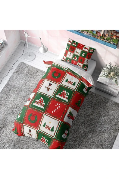 Patchwork Noel Evleri Desenli Tek Kişilik Yılbaşı Nevresim Takımı ürün görseli 1