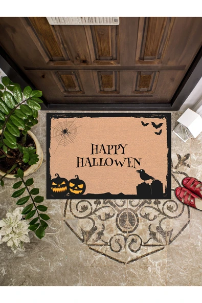 Happy Hallowen Bal Kabağı Figürlü Kapı Önü Paspası 45x65 ürün görseli 1