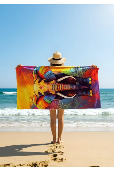 Boho Stil Renkli Fil Desenli Plaj Havlusu – Etnik ve Canlı Yaz Tasarımı ürün görseli 1