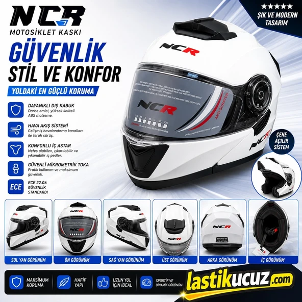 NCR-160E ÇENE AÇILIR GÖZLÜKLÜ E-CE BELGELİ KASK PARLAK BEYAZ ürün görseli 1