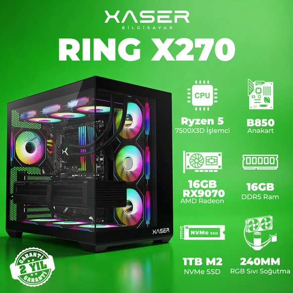 Xaser Ring X270 Ryzen 5 7500X3D 16GB DDR5 Ram 1TB M.2 NVMe SSD 16GB RX9070 Masaüstü Oyuncu Bilgisayarı ürün görseli 1