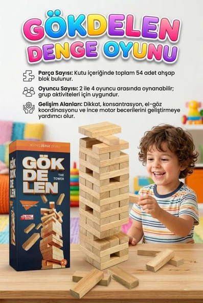 Ahşap Gökdelen! Ahşap 54 Parçalı 4 Kişilik Eğitici ve Zeka Aile Kule Denge Oyunu ürün görseli 1