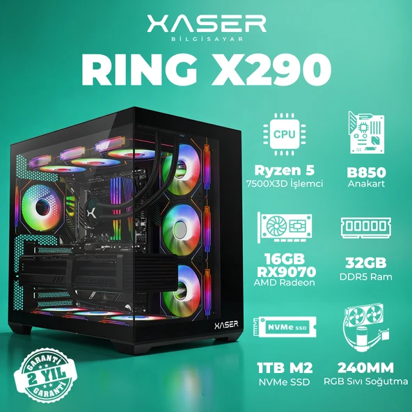 Xaser Ring X290 Ryzen 5 7500X3D 32GB DDR5 Ram 1TB M.2 NVMe SSD 16GB RX9070 Masaüstü Oyuncu Bilgisayarı ürün görseli 1