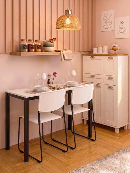 Minimal Beyaz Mutfak Masası – 116x45x75cm | Siyah Metal Profil Ayaklı ürün görseli 1