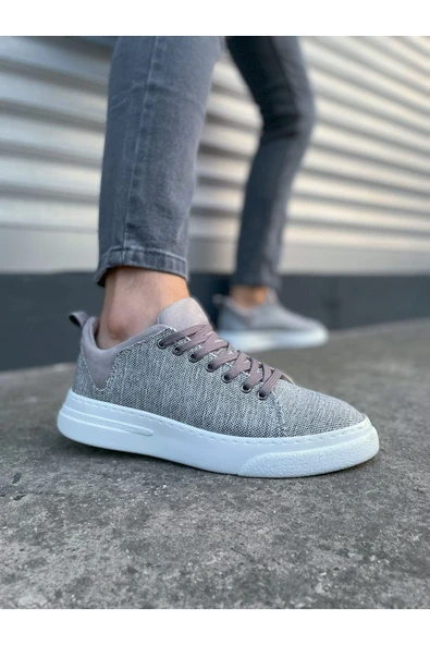 JY204 Flex Bağcıklı Keten Kumaş Erkek Günlük Sneaker Ayakkabı KBT - Gri ürün görseli 1