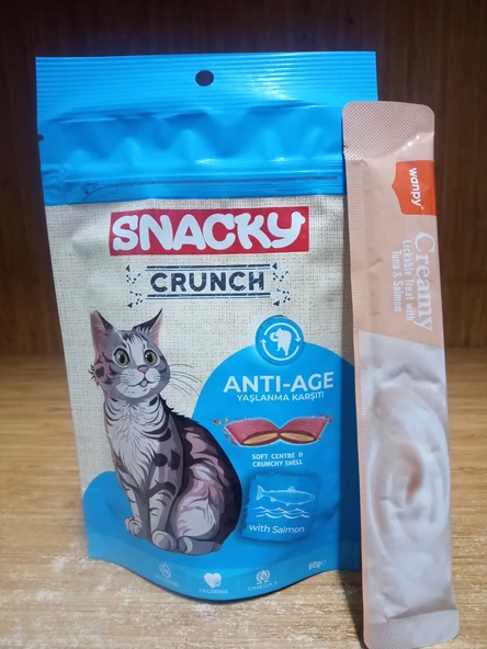 Snacky Crunch Anti-Age (Yaşlanma Karşıtı) Somonlu Kedi Ödülü 60 Gr X 2 PAKET+10 ADET KARIŞIK MARKA15 GRAM SOMONLU KEDİ ÖDÜL KREMA ürün görseli 1