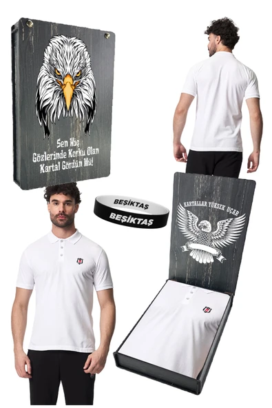 BEŞİKTAŞ ORJİNAL LİSANSLI BEYAZ POLO T-SHİRT UV KUTU ve BİLEKLİK HEDİYELİ ürün görseli 1