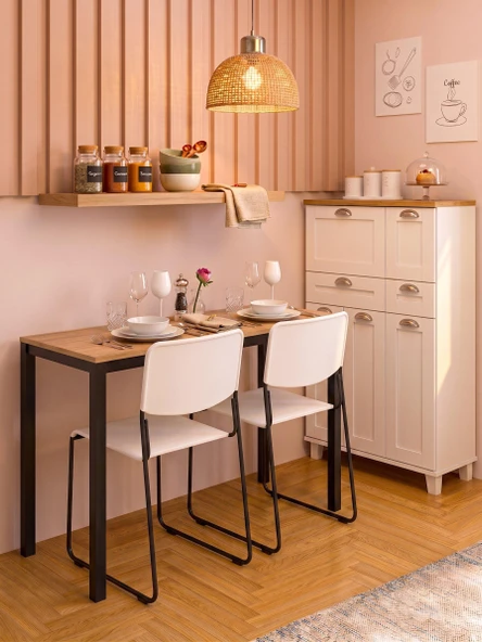 Minimal Meşe Desenli Mutfak Masası – 116x45x75 cm | Siyah Metal Profil Ayaklı ürün görseli 1