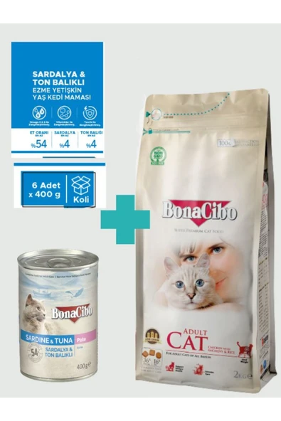 Bonacibo Tavuklu Kuru Mama 2 Kg & Deniz Ürünlü Ezme Yaş Mama Avantaj Paketi (6x400 gr) ürün görseli 1