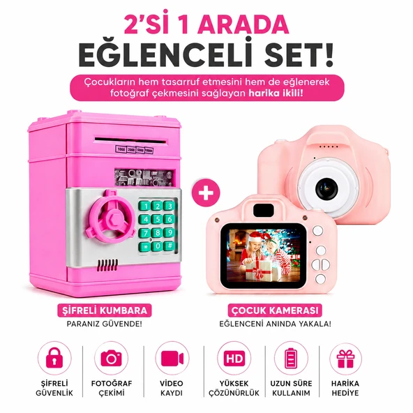 Çocuk Fotoğraf Makinesi + Şifreli Kumbara Seti Eğitici Oyuncak Hediye Kamera ve Para Kasası ürün görseli 1