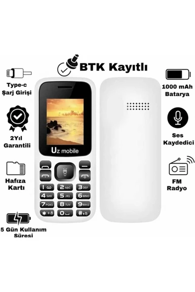 UZ MOBİLE Tuşlu Telefon - Asker Telefonu - Yerli Üretim UZ Türkiye Garantili Beyaz ürün görseli 1