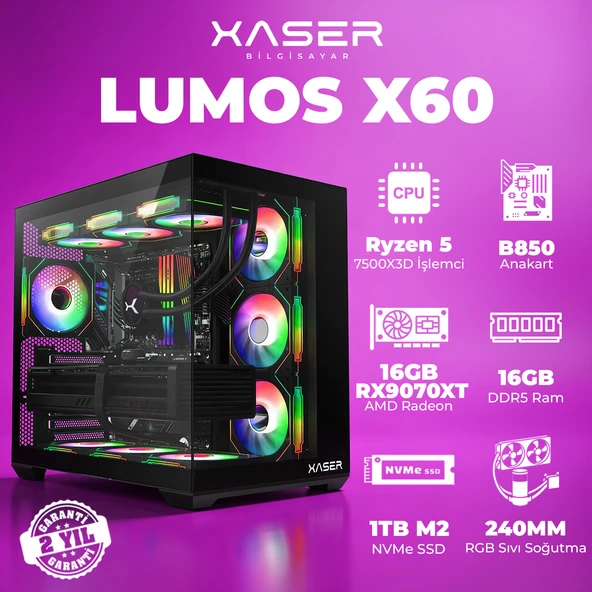 Xaser Lumos X60 Ryzen 5 7500X3D 16GB DDR5 Ram 1TB M.2 NVMe SSD 16GB RX9070 XT Masaüstü Oyuncu Bilgisayarı ürün görseli 1