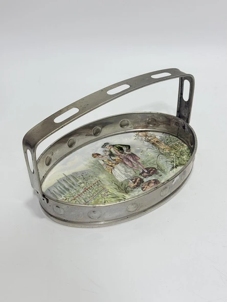 Antika Gümüş Kaplama Porselen Tabanlı Tepsi 23x11cm ürün görseli 1