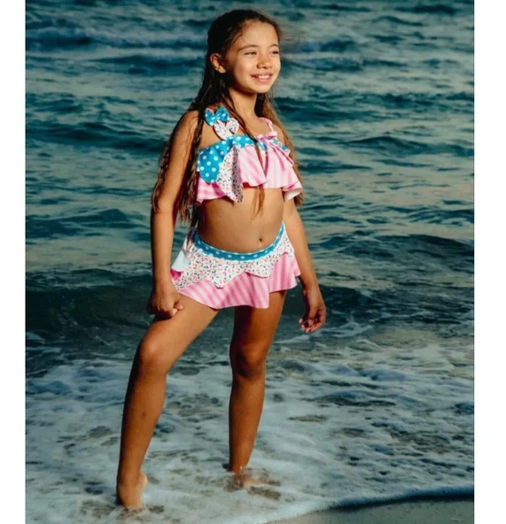 Cg Kids Renkli Desen Baskılı Fiyonk Detaylı Askılı Kız Çocuk Bikini / Mayo Alt Üst Takım Süper Kalite ürün görseli 1
