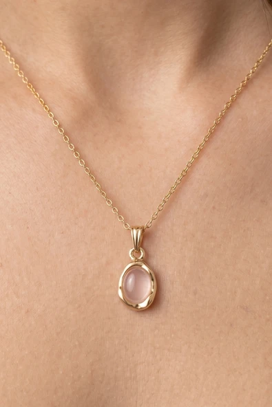 Gold Pembe Kedi Gözü Taşlı Vintage Kolye ürün görseli 1