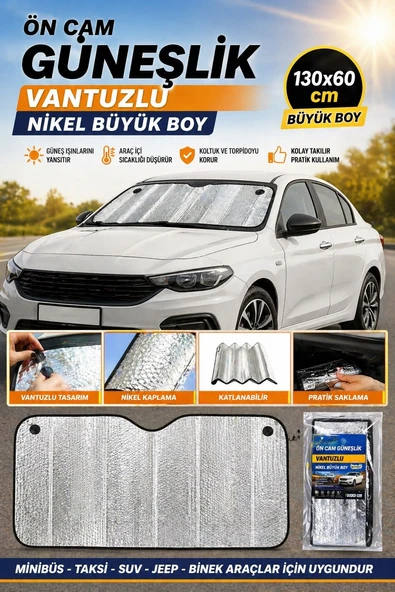 Oto Ön Cam Güneşlik 130x60 cm Vantuzlu Nikel Araç Güneşliği ürün görseli 1