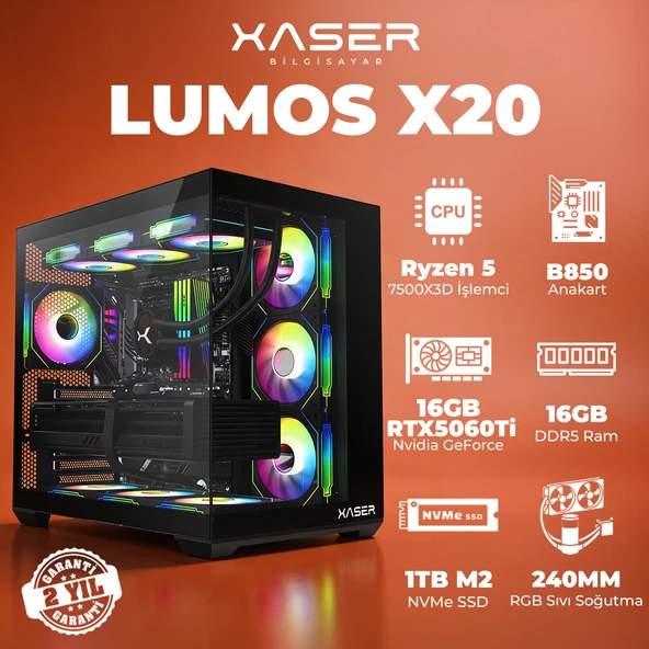 Xaser Lumos X20 Ryzen 5 7500X3D 16GB DDR5 Ram 1TB M.2 NVMe SSD 16GB RTX5060 Ti Masaüstü Oyuncu Bilgisayarı ürün görseli 1