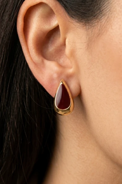 Gold Bordo Mineli Damla Küpe - Resim 2