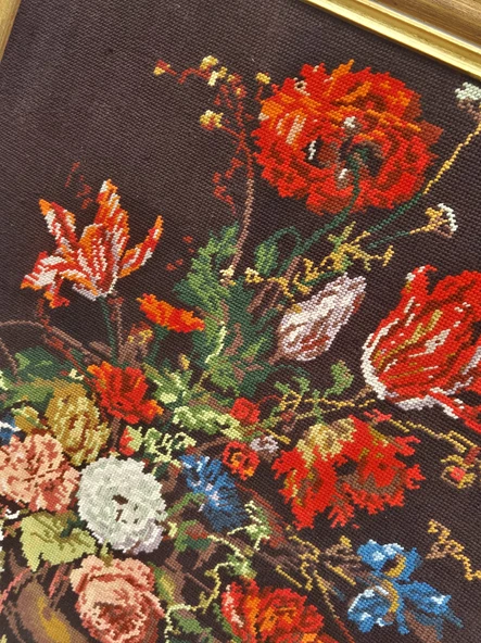 Vazodaki Çiçekler Temalı Goblen Dokuma Tablo 64x79cm - Resim 5