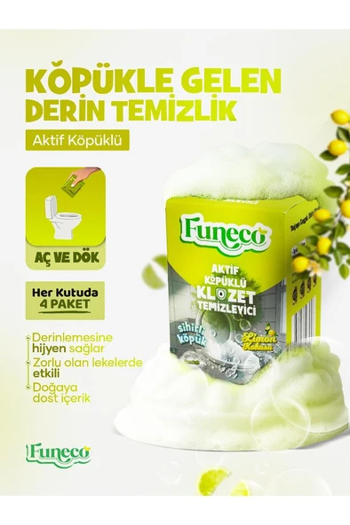 FUNECO Tuvalet Klozet Temizleyici Aktif Köpük Doğa Dostu 4 Paket 300g Aylık Kullanım Limon Ferahlığı ürün görseli 1