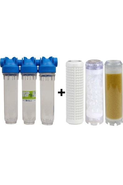 AQUA BELLA Atlas 10" Üçlü Daire Girişi Su Arıtma Cihazı (ithal) Yıkanabilir + Silifoz + Reçine ürün görseli 1