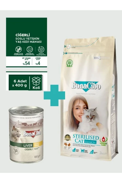 Bonacibo Sterilised Somonlu Kedi Maması 2 Kg & Soslu Ciğerli Yaş Mama Seti (6x400 gr) ürün görseli 1