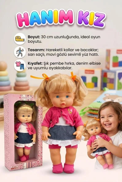 Sevimli Hanım Kız! 30cm Kolları ve Bacakları Hareket Eden Elbiseli ve Aksesuarlı Oyuncak Et Bebek ürün görseli 1