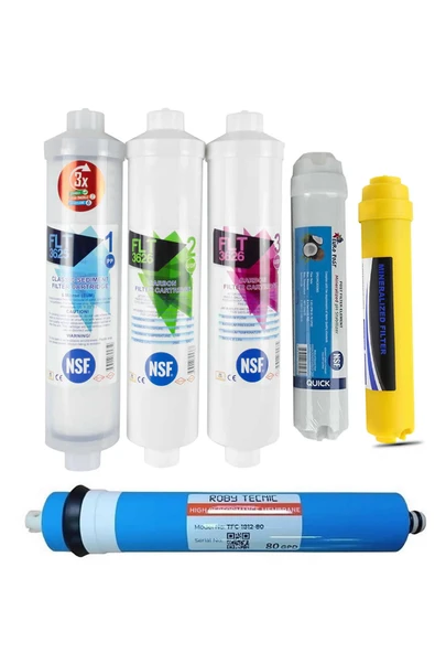 AQUA BELLA Su Arıtma Cihazı Filtresi Cruze Membranlı 80 GPD NSF Onaylı 6'lı Filtre Seti ürün görseli 1