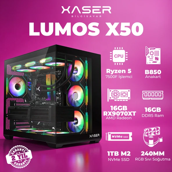 Xaser Lumos X50 Ryzen 5 7500F 16GB DDR5 Ram 1TB M.2 NVMe SSD 16GB RX9070 XT Masaüstü Oyuncu Bilgisayarı ürün görseli 1