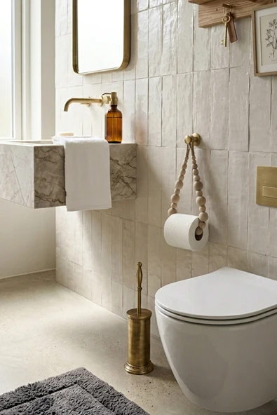 El Yapımı Ahşap Boncuklu Tuvalet Kağıtlığı ve Havlu Askısı - Bohem Banyo Aksesuarı ürün görseli 1