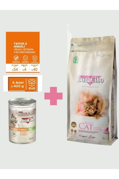 Bonacibo Light & Sterilised Kedi Maması Seti (2 Kg Kuru + 6x400 gr Tavuk ve Hindi Konserve) ürün görseli 1