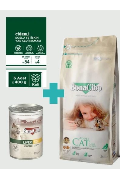 Bonacibo Adult Kuzulu Kuru Mama 2 Kg & Soslu Ciğerli Konserve Avantaj Paketi (6x400 gr) ürün görseli 1