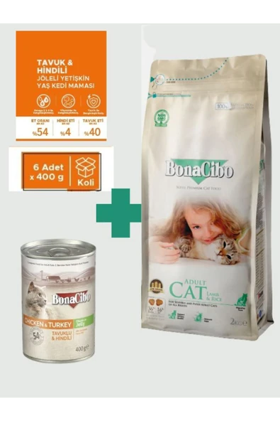 Bonacibo Kuzulu Yetişkin Kedi Maması 2 Kg + 6 Adet 400 gr Tavuklu Yaş Mama Seti ürün görseli 1