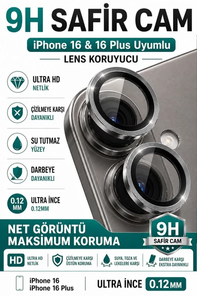 iPhone 16 / 16 Plus Titanyum Gri Metal Kamera Lens Koruyucu Safir Cam Ultra Net HD ürün görseli 1