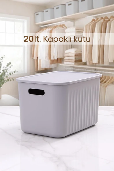 Gri Dolap Düzenleyici 20 Lt Kapaklı Saklama Kutusu Sepet Oyuncak Kutusu Organizer ürün görseli 1