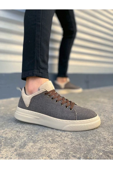 JY204 Flex Bağcıklı Keten Kumaş Erkek Günlük Sneaker Ayakkabı KKT - Kahverengi/Krem ürün görseli 1