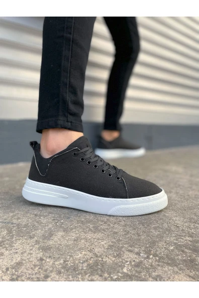 JY204 Flex Bağcıklı Keten Kumaş Erkek Günlük Sneaker Ayakkabı KBT - Siyah ürün görseli 1