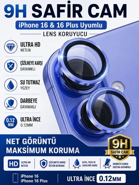 iPhone 16 / 16 Plus Deniz Mavisi Metal Kamera Lens Koruyucu Safir Cam Ultra Net HD ürün görseli 1