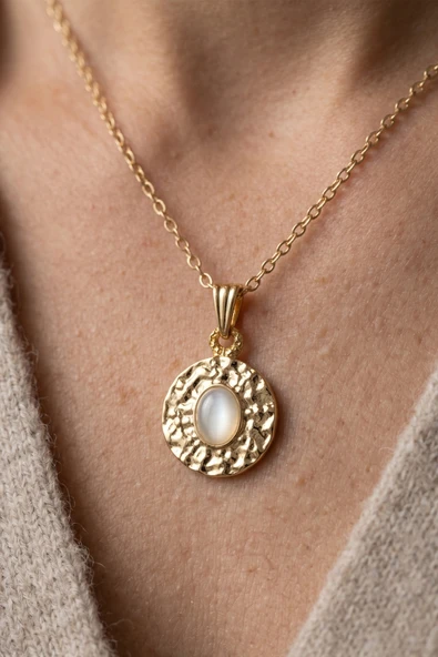 Gold Kedi Gözü Taşlı Ezme Vintage Kolye ürün görseli 1